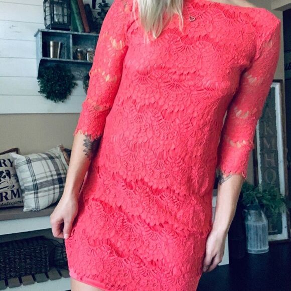 Jessica Howard hot pink/coral lace overlay fringe trim mini dress - Picture 1 of 12